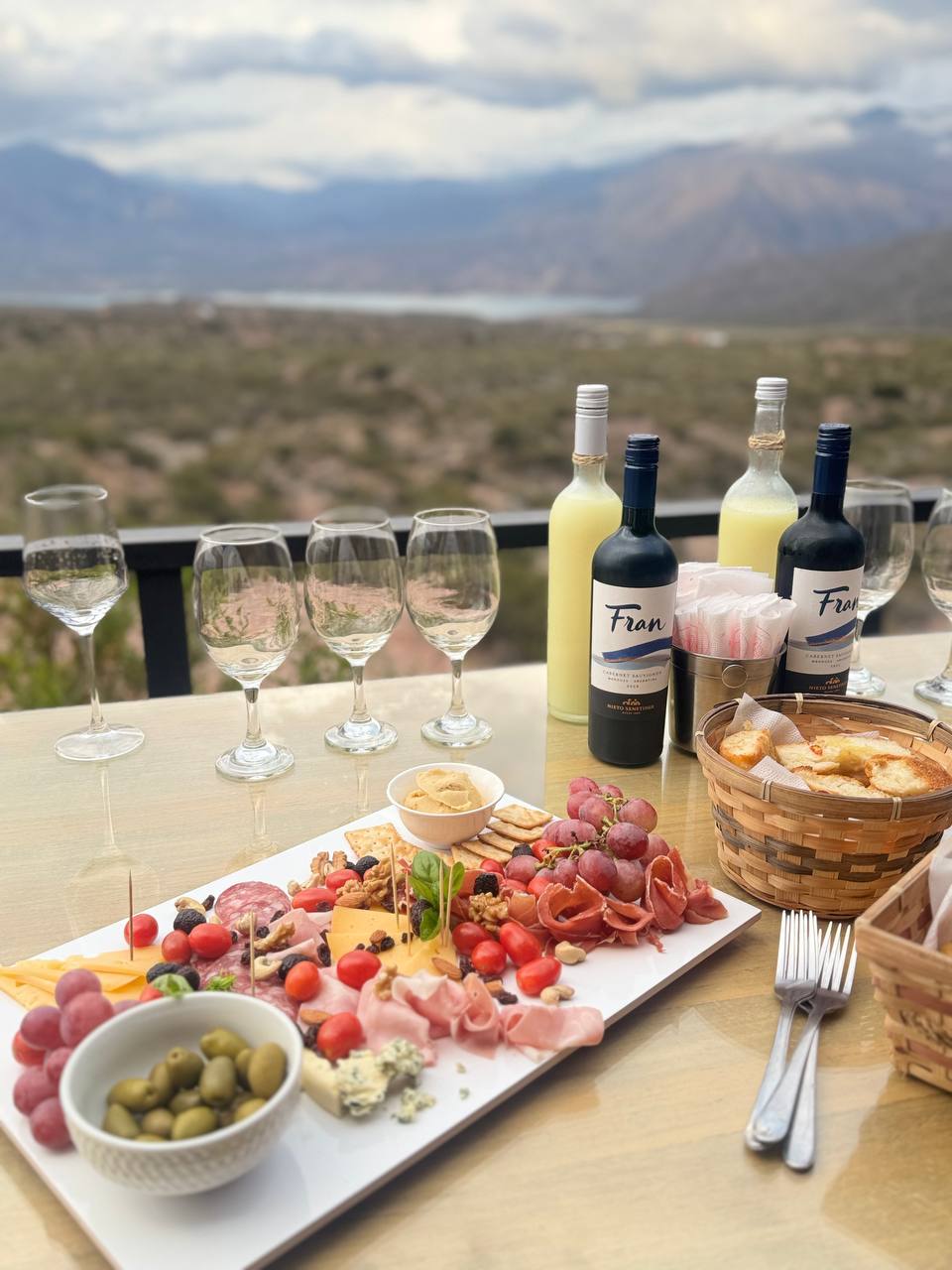 Argentine wine and picada with mountain views