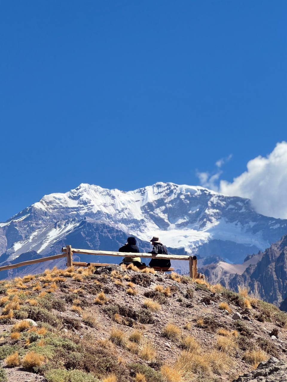 Bench viewpoint facing snow-capped Aconcagua